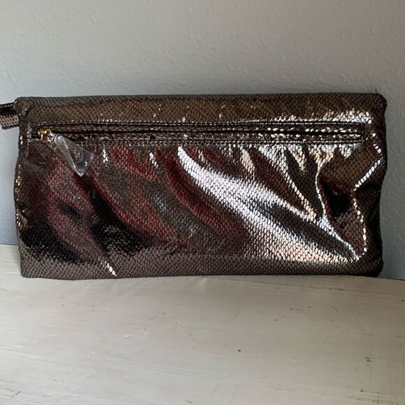 Big Buddha Metallic Gray Reptile Print Clutch With Gold Accents - Picture 2 of 3